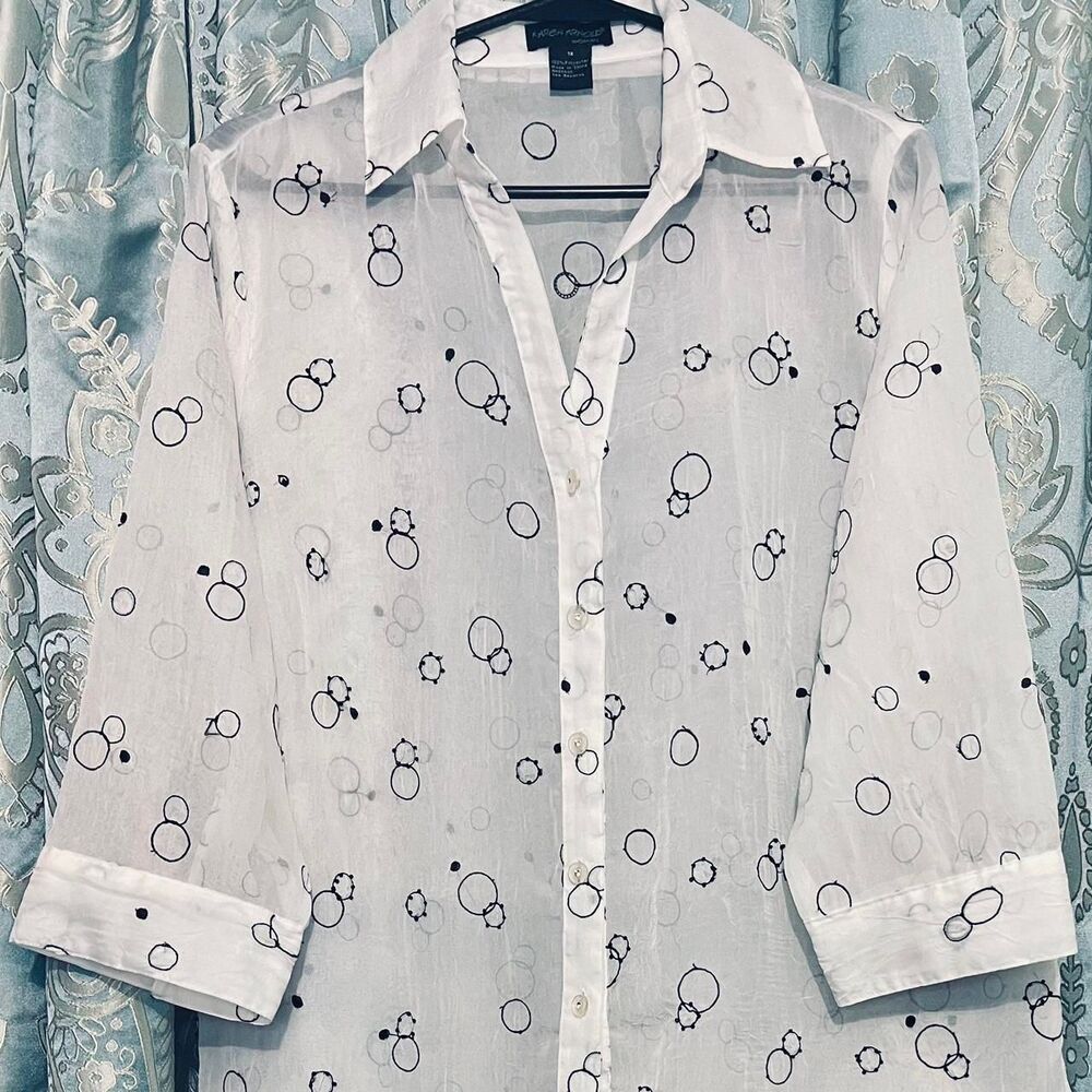 Funky White Sheer Top Size 1 X Black Circle 3/4 Sleeves Embroidery Button Front
